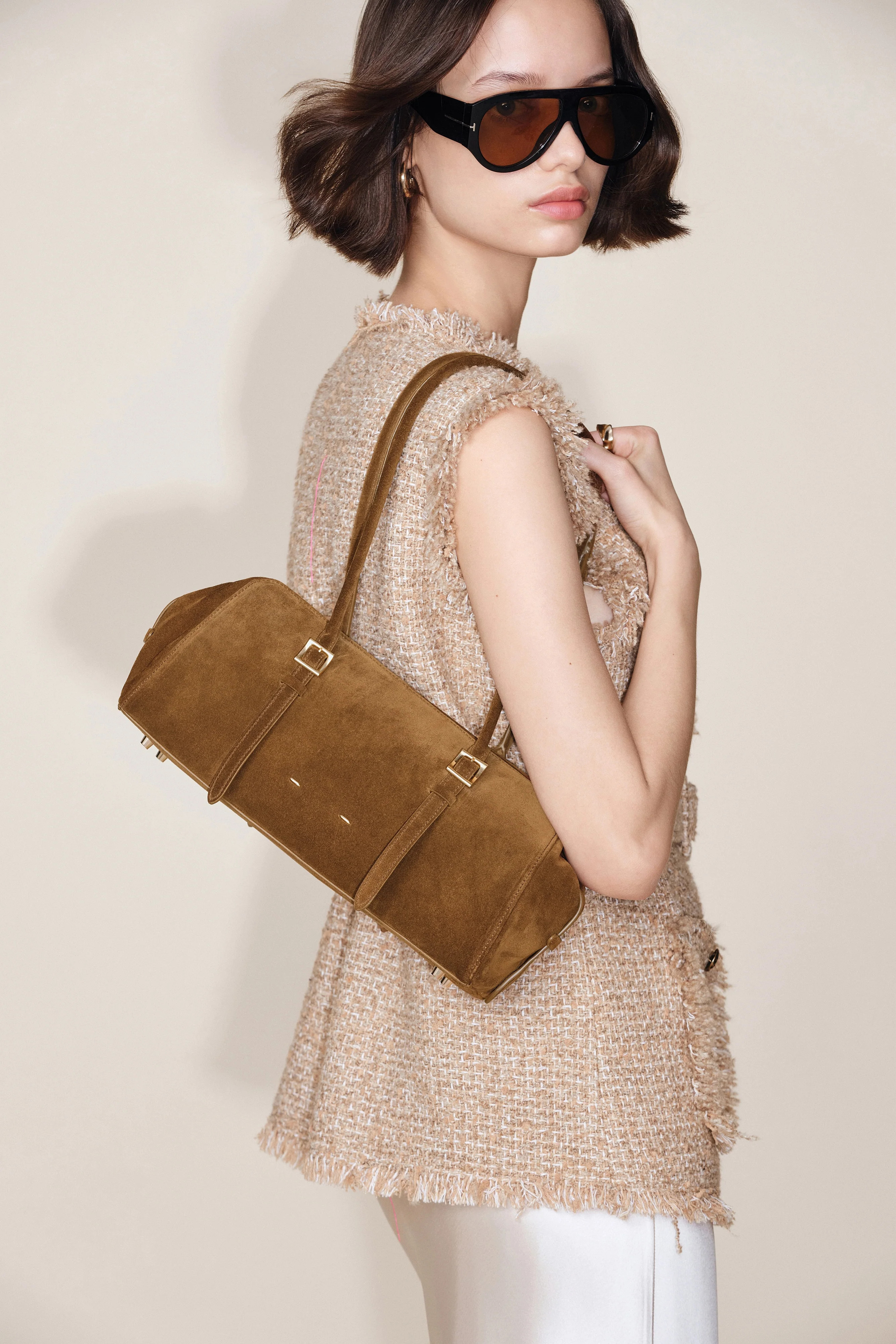 Monti East West Shoulder Bag in Suede Calfskin | Fabrique