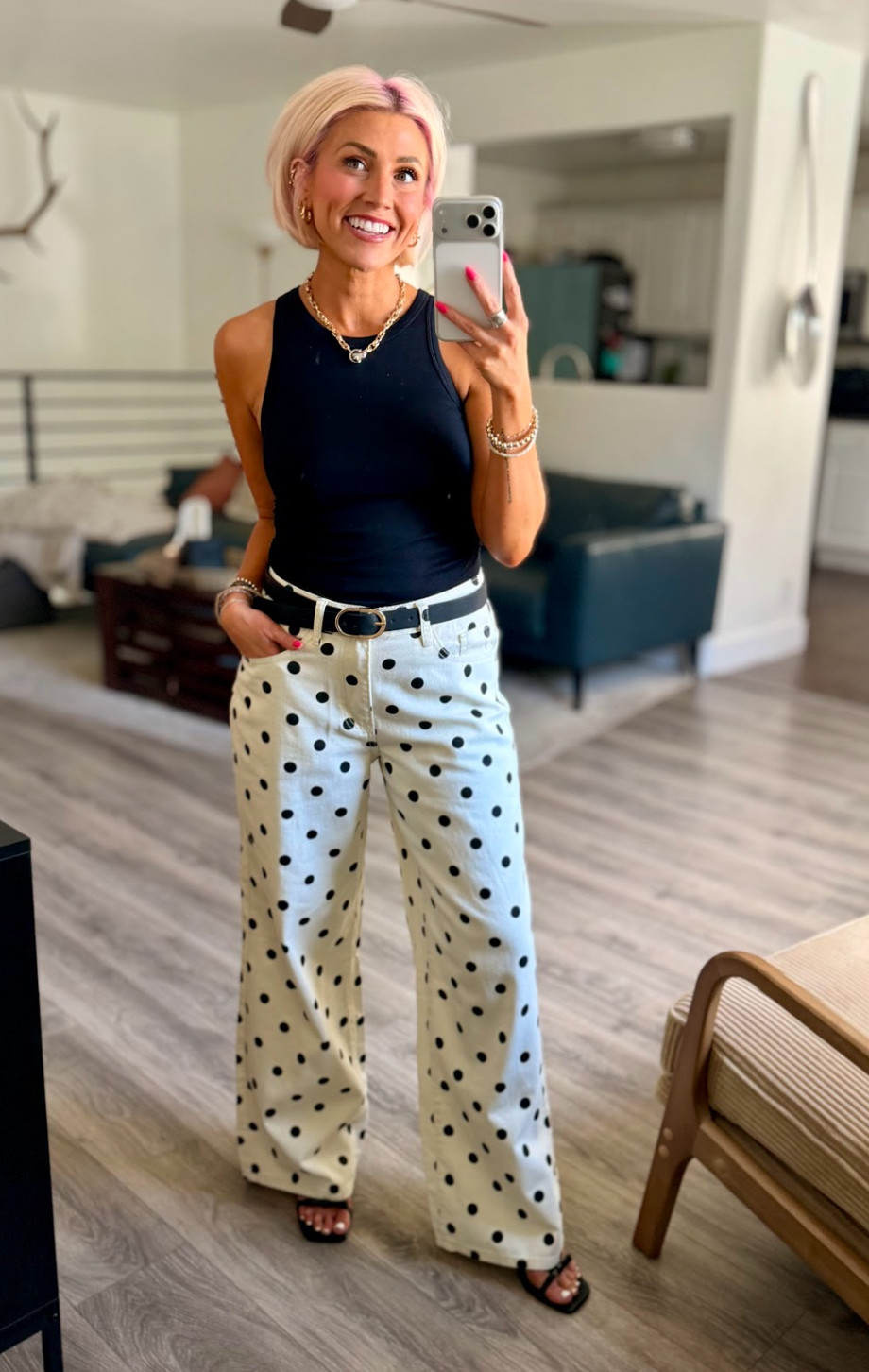 Feeling chic in these polka dot jeans!   Jeans: 28 // Top: Medium // Sandals: TTS 

 #ootd #fashion #LTKootd #LTKSaleAlert