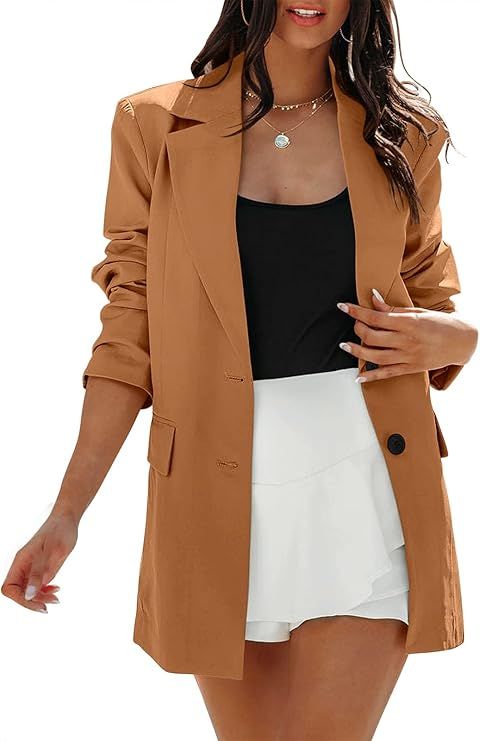 ANRABESS Women's Casual Button Long Sleeve Lapel Open Front Pad Shoulder Office Blazer Jacket Wor... | Amazon (US)