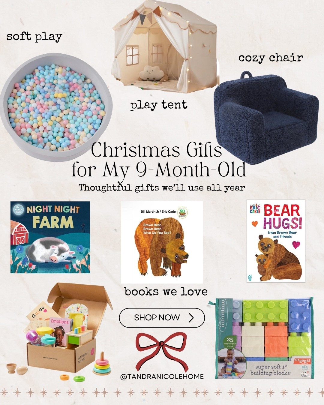 If you’re shopping for a baby and thinking a little ahead, these are some of the Christmas gifts I’m choosing for my 9-month-old that will grow with them through 18 months (and beyond) 🤍

I always try to gift things that encourage movement, imagination, and cozy play at home, especially with a big age gap between siblings. These are the kinds of gifts that get used all year, not just Christmas morning.

Soft play for early crawling and climbing, a cozy chair for books and quiet moments, simple toys that invite open-ended play, and board books we already reach for every day.

Everything here is linked and would work beautifully for babies 9–18 months or even toddlers if you’re shopping ahead.

🤍 Thoughtful, practical, and made to last

#babychristmasgifts #9to18months #babygiftideas #openendedplay #thoughtfulgifts #cozymotherhood #cozyplay #simpletoys

#LTKSaleAlert #LTKGiftGuide #LTKBaby