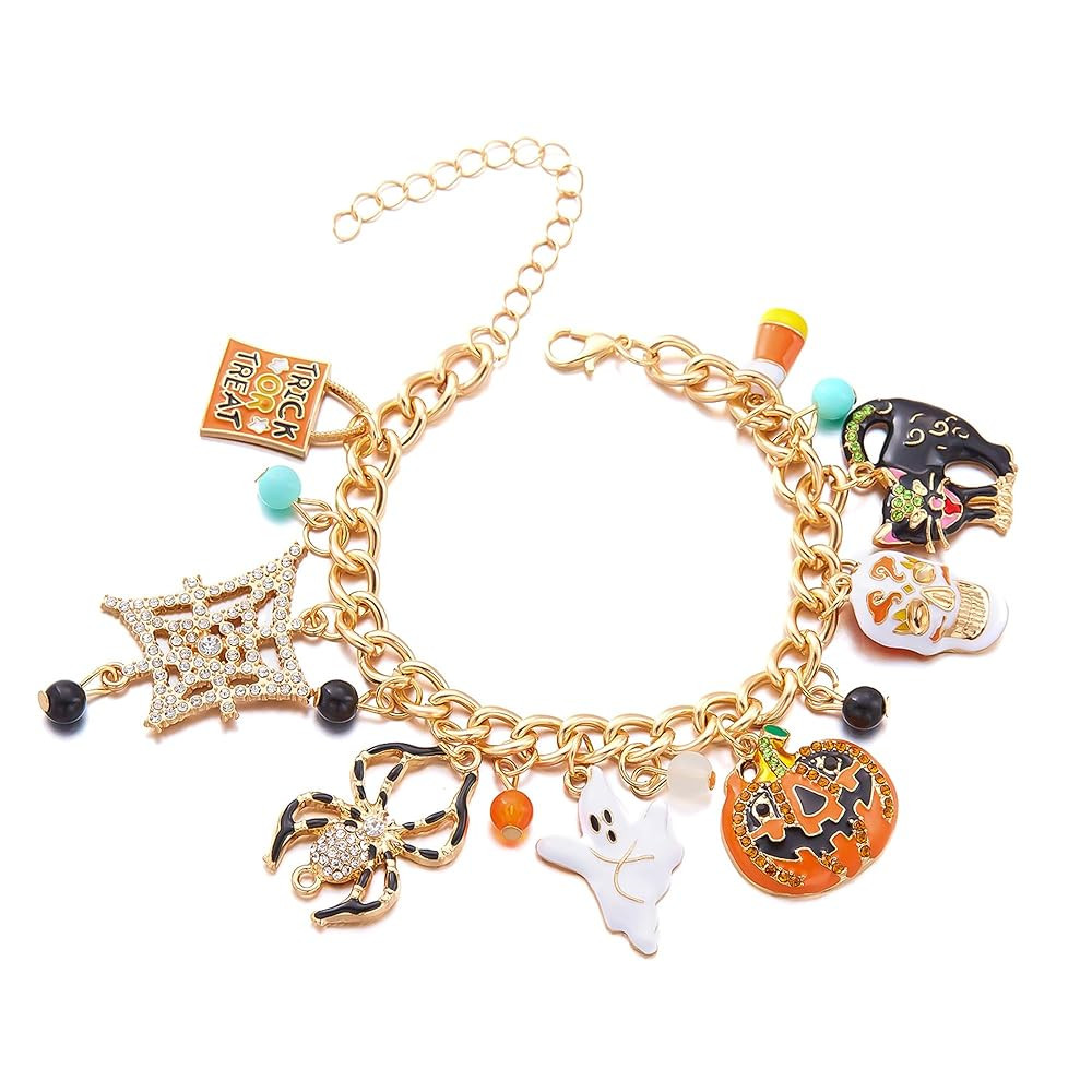 Halloween Bracelets Chunky Gold Link Pumpkin Skull Ghost Spider Cat Trick or Treat Charm Bracelet... | Amazon (US)