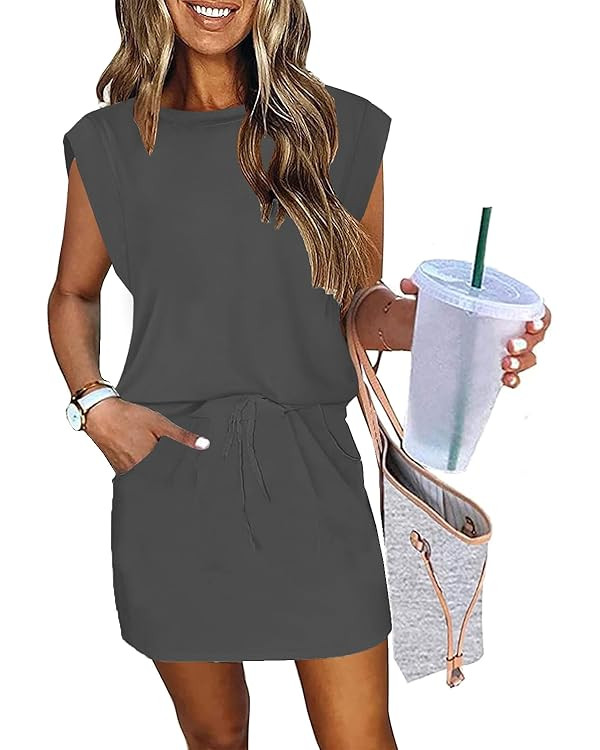 ETCYY NEW Womens Cap Sleeve Summer Dress Crew Neck Tie Front A-Line Dresses Double Layer Hem Mini... | Amazon (US)