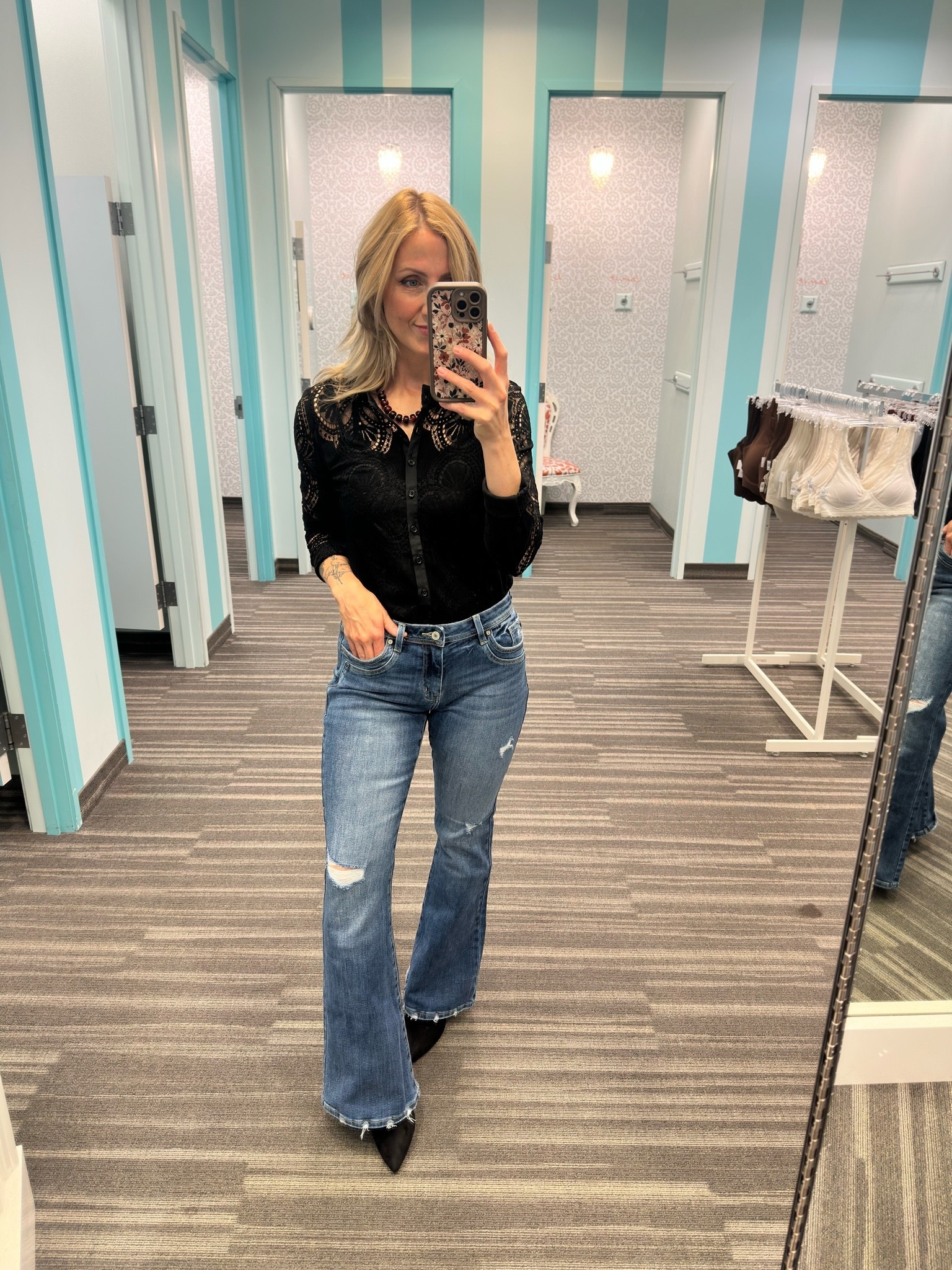Wearing 28 in jeans and small in top