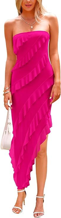 PRETTYGARDEN Women's Summer Long Formal Cocktail Dress Strapless Tube Asymmetrical Ruffle Maxi Bo... | Amazon (US)