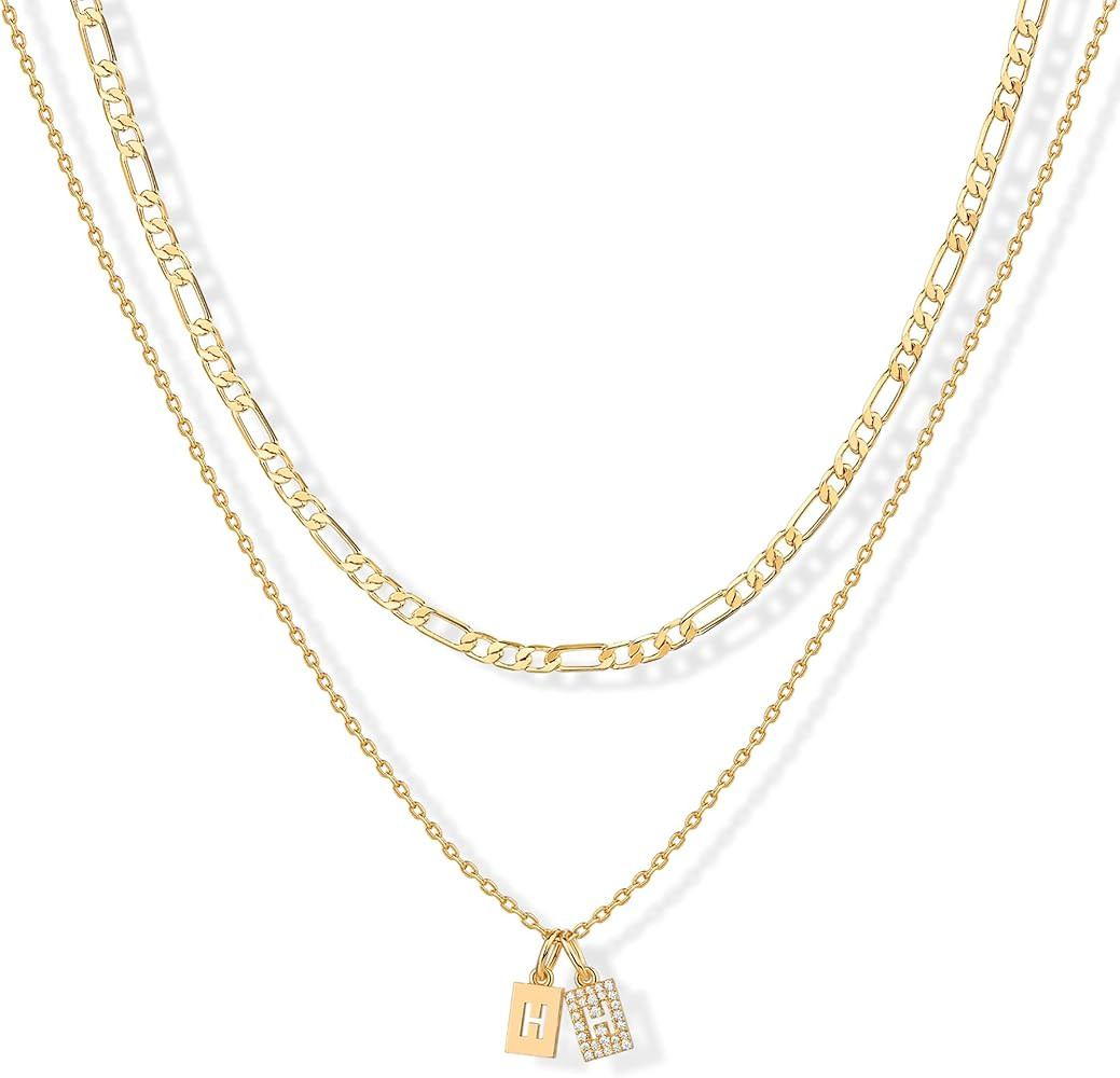 PAVOI 14K Gold Plated Initial Letter Double Dog Tag Pendant Necklace | Dainty Cubic Zirconia Lett... | Amazon (US)