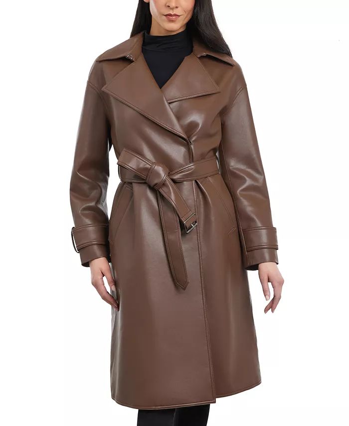 Women's Faux-Leather Belted Trench Coat | Macy's