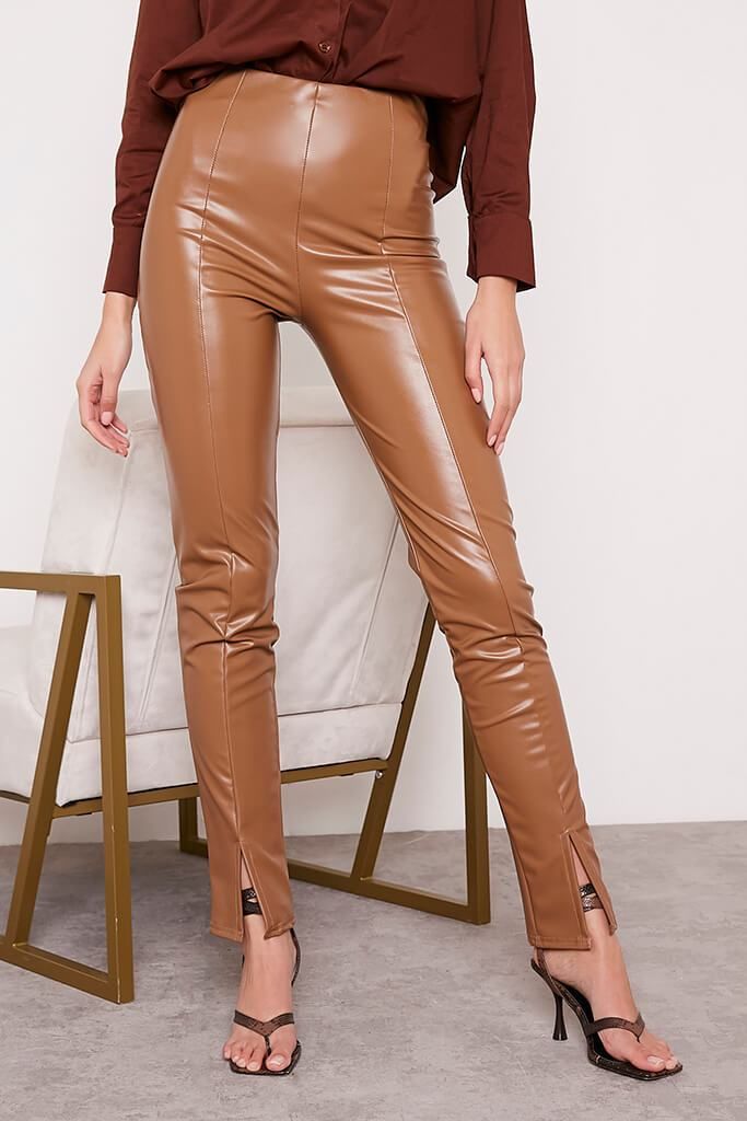 Chestnut Faux Leather Split Front Leggings | ISAWITFIRST