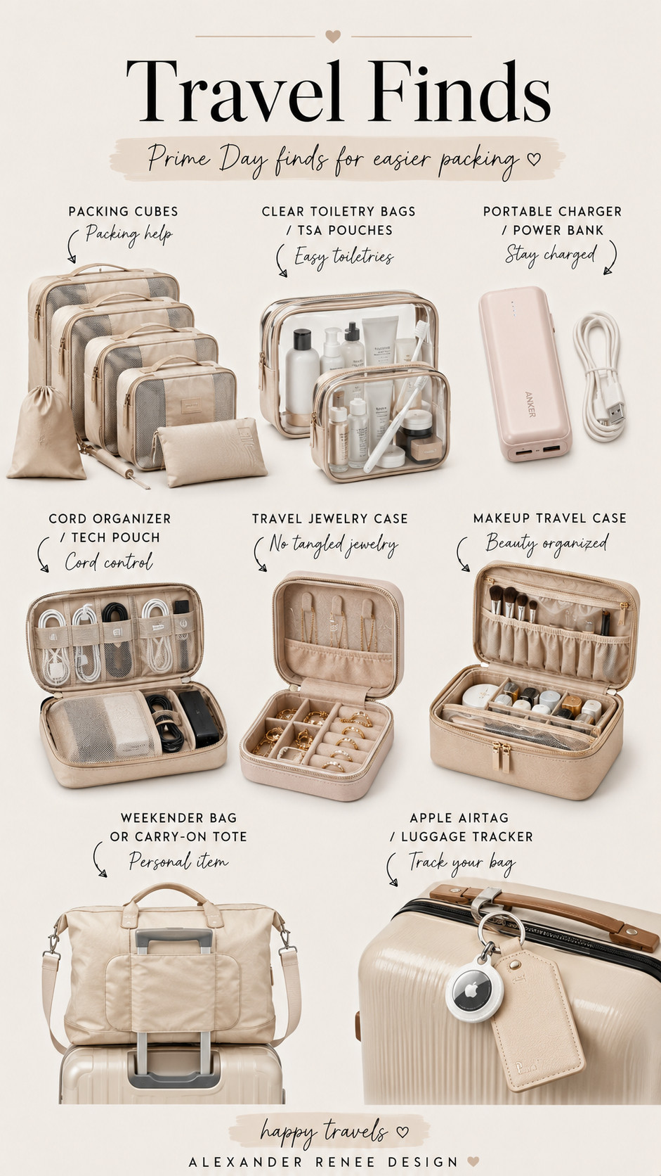 Prime Day travel finds for easier packing, flights, road trips, and family vacations. I rounded up packing cubes, clear toiletry bags, portable chargers, tech organizers, travel jewelry cases, makeup bags, luggage trackers, weekender bags, and travel accessories that make getting out the door feel less chaotic.

#LTKTravel #LTKSaleAlert #PrimeDayDeals #AmazonTravel #TravelFinds #PackingEssentials #TravelEssentials 

 #LTKSeasonal #LTKSaleAlert #LTKTravel