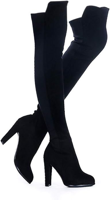 Shoe'N Tale Women Faux Suede Chunky Heel Stretch Over The Knee Thigh High Boots | Amazon (US)