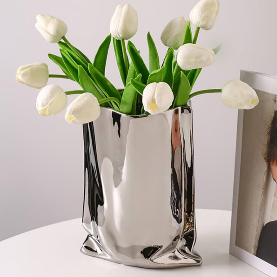 Liotww Silver Ceramic Paper Bag Flower Vase for Centerpieces, Maximalist Boho Modern Decorative F... | Amazon (US)