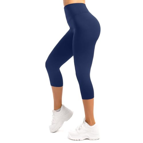 SOLBOME Leggings for Women, No See Through High Waisted Workout Yoga Leggings for Women Capri Navy Blue LXL | Amazon (US)