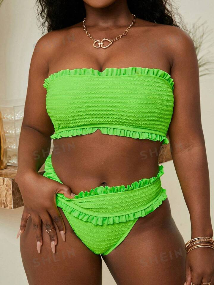 Women Fluorescent Green Ruffle Bandeau Bikini Set With Separated Swimsuit | SHEIN