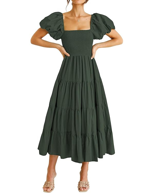 PRETTYGARDEN Women's Casual Summer Midi Dress Puffy Short Sleeve Square Neck Smocked Tiered Ruffl... | Amazon (US)