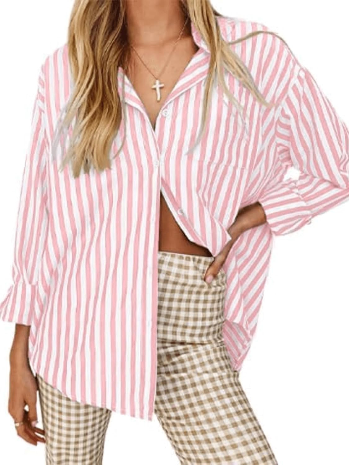 Womens Striped Shirts Long Sleeve Button Down Blouses Loose Fit Casual Tops | Amazon (US)