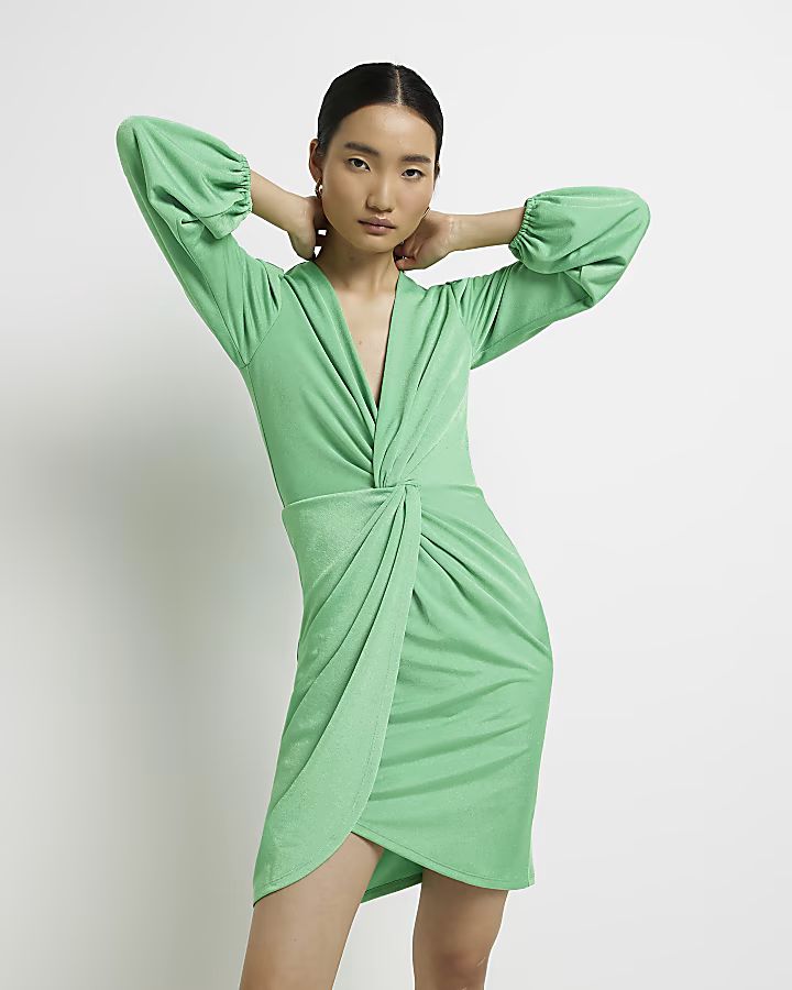 Green twist wrap mini dress | River Island (UK & IE)