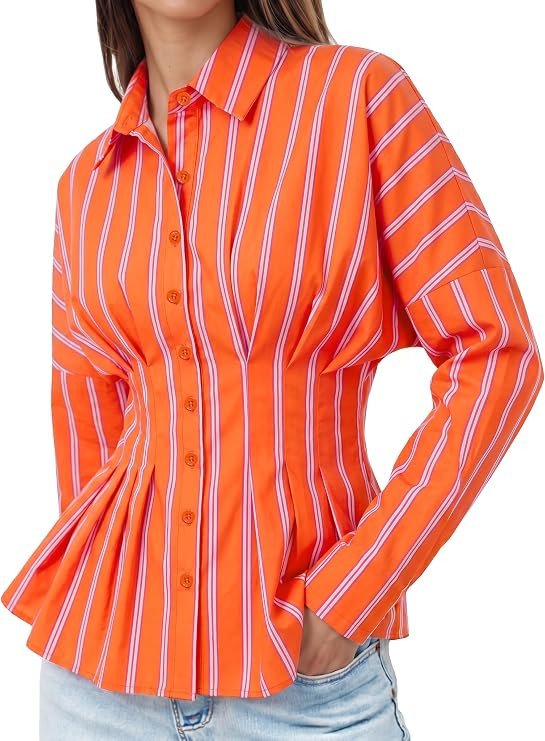 Tankaneo Womens Striped Button Down Shirt Cinched Waist Office Blouse | Peplum Tops for Women, Lo... | Amazon (US)