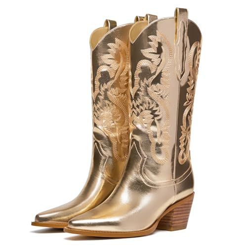 Gold Cowboy Boots for Women Metaliic - Mid Calf Cowgirl Boots with Embroidery Sparkly Western Boots for Ladies Fahsion Classic Pull on Pointy Toe Chunky Stacked Heel 2.5" Gold,12 | Amazon (US)
