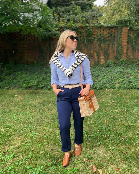 I am still living in the classics, like this striped lady jacket, petite-friendly navy pants, loafers, and linen button down
 Preppy classic style old money aesthetic preppy classic aesthetic 

#LTKSeasonal #LTKstyletip #LTKitbag