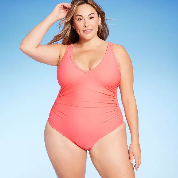 Women's V-Neck Over the Shoulder High Leg One Piece Swimsuit - Kona Sol™ Peach Orange | Target