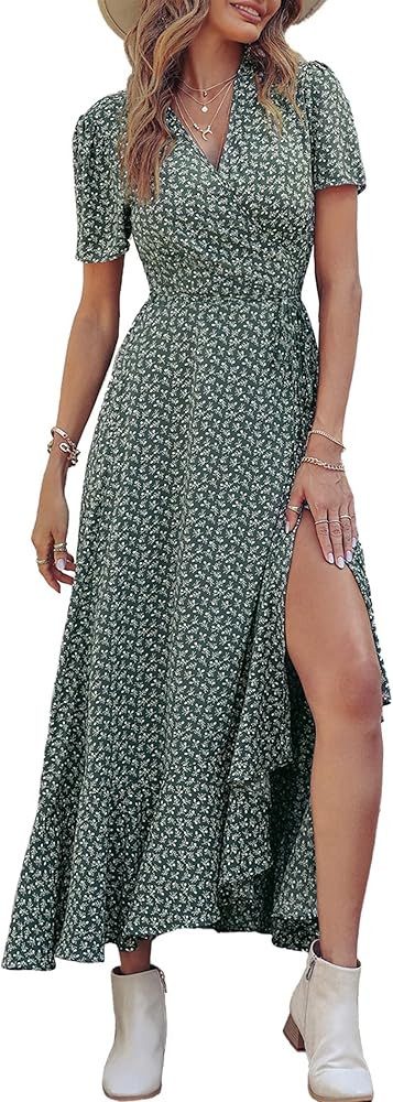 PRETTYGARDEN Women's Summer Wrap Maxi Dress Casual Boho Floral V Neck Short Sleeve Ruffle Hem Spl... | Amazon (US)