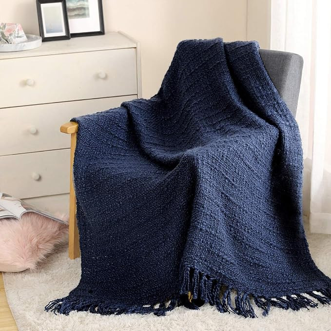 Thick Chunky Navy Blue Knitted Throw Blanket for Couch Chair Sofa Bed, Chic Boho Style Textured B... | Amazon (US)