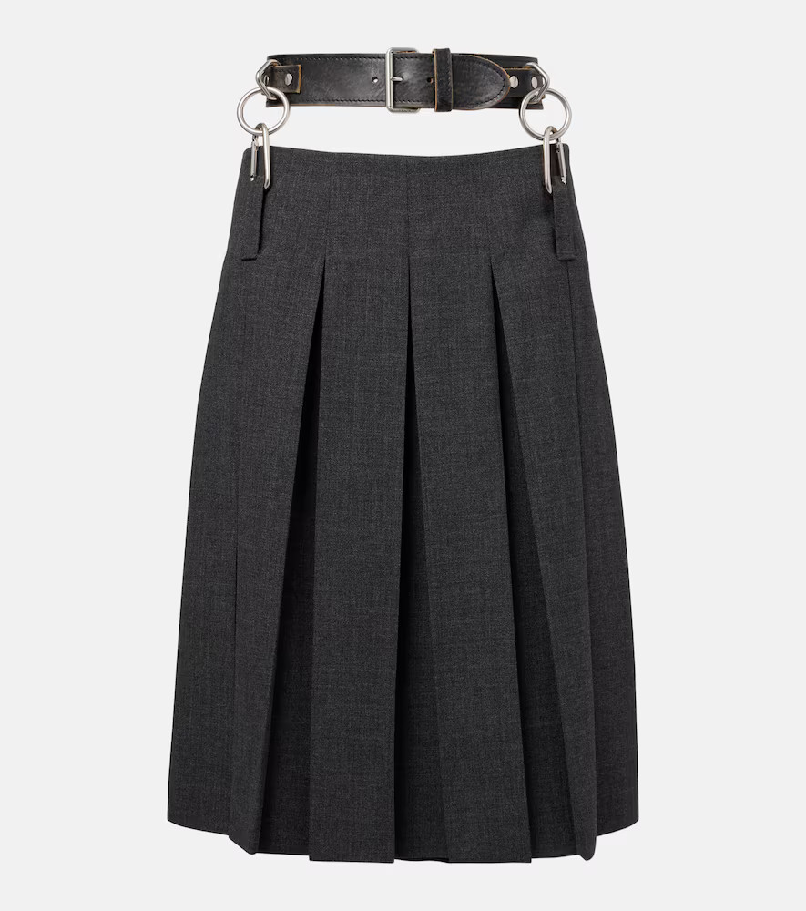 Prada Belted pleated virgin wool midi skirt | Mytheresa (US/CA)