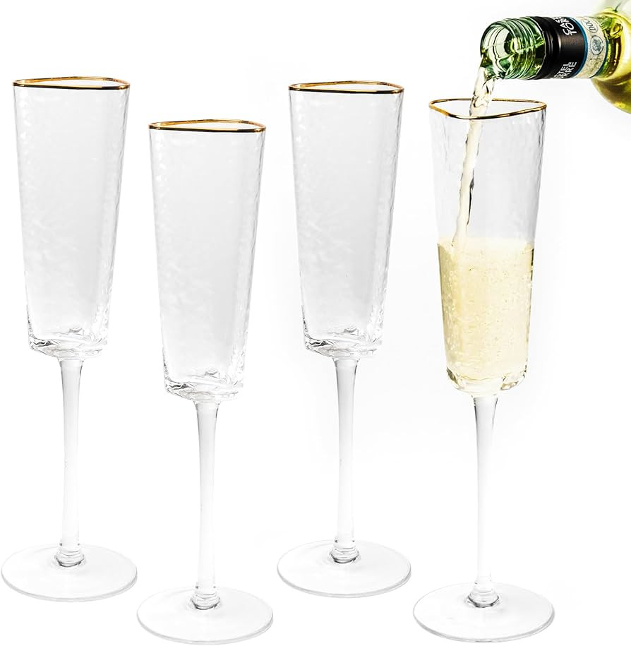Bec’s Designs Exquisite Set of 4 Clear Glass Champagne Flutes Triangular shape with Gold Rim - ... | Amazon (US)
