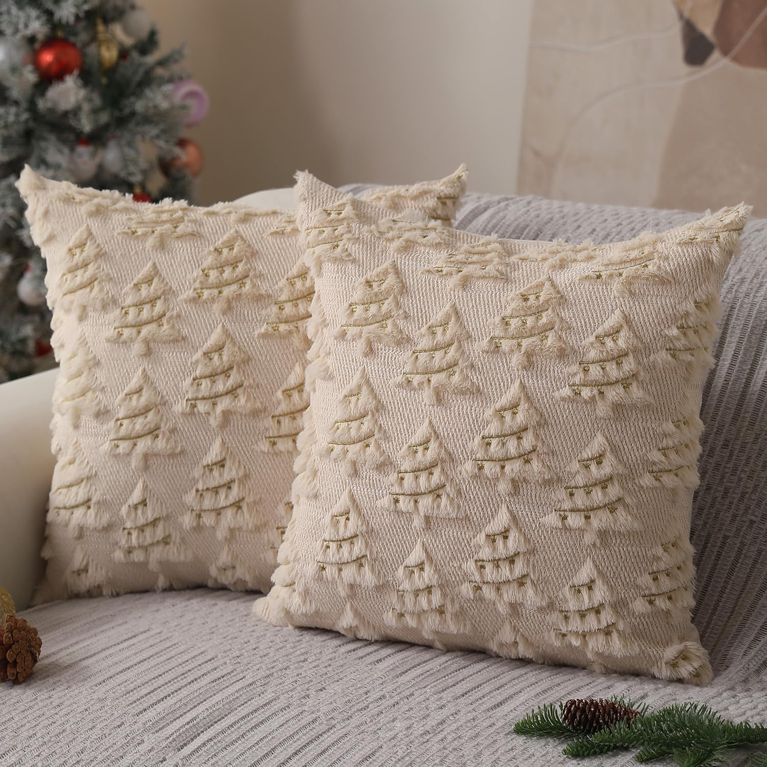 Christmas Pillow Covers 18x18 inch Set of 2 Christmas Decorations Soft Plush Faux Fur Beige Chris... | Amazon (US)
