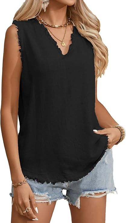 Famulily Womens Sleeveless Ruffled V Neck Tops Summer Linen Tank Tops Solid Color Raw Edge Hem Ca... | Amazon (US)