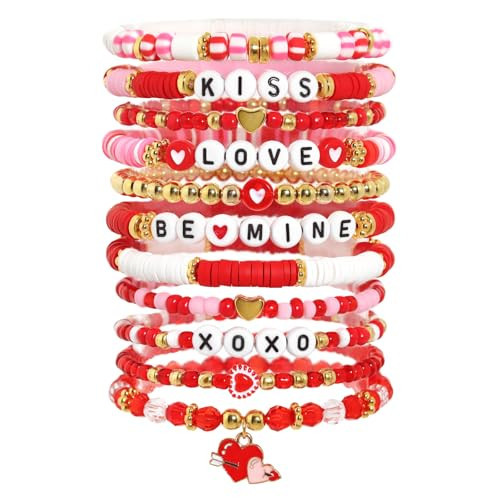 Lorenleya Valentine Bracelets Gift for Women, 11PCS Handmade Clay Bead Letter Bracelets, Love Heart Stretch Stackable Beaded Bracelets Set, Preppy Holiday Jewelry Gifts | Amazon (US)