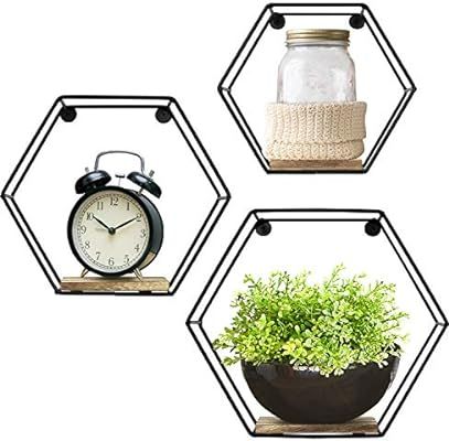 Greenco GRC2934 Geometric Hexagon Shaped Mounted Floating, Home Decor, Metal Wire and Rustic Wood... | Amazon (US)