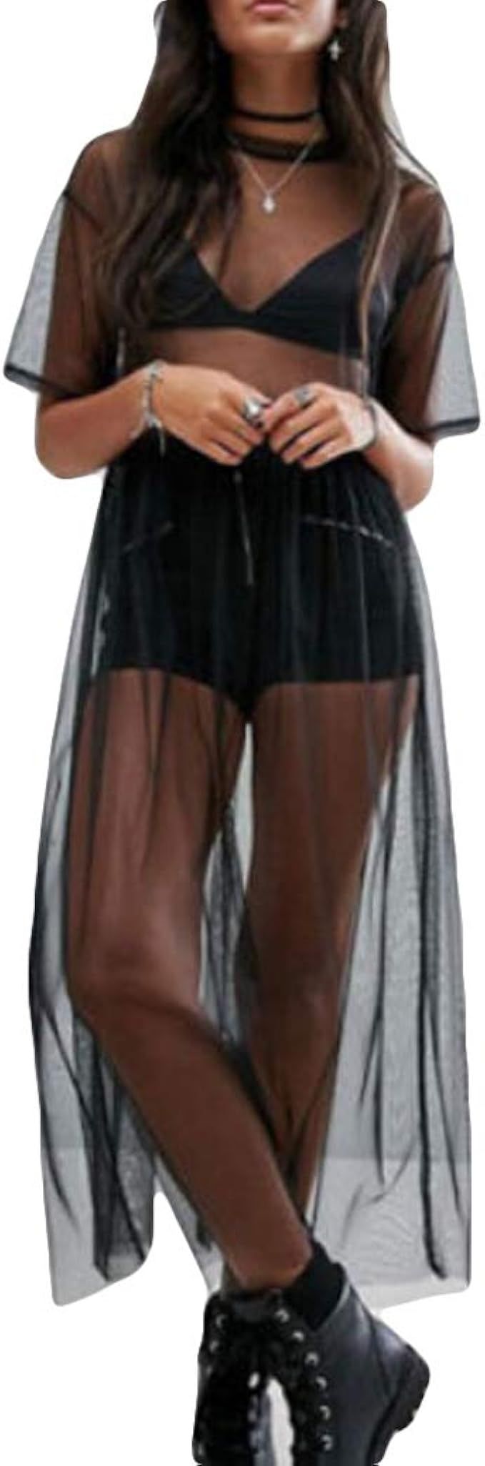 Women's Short Sleeve See Through Gauze Sheer Mesh T Shirt Dress Sheer Maxi Dress Tulle Maxi Skirt | Amazon (US)