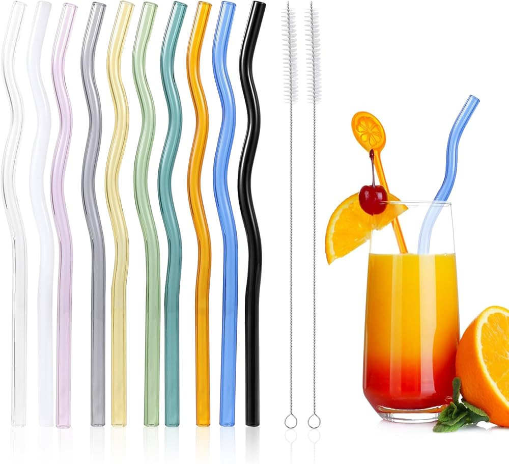 10 Pcs Reusable Wavy Colorful Glass Straws,9''x8 mm Shatter Resistant Cute Drinking Straws with 2... | Amazon (US)