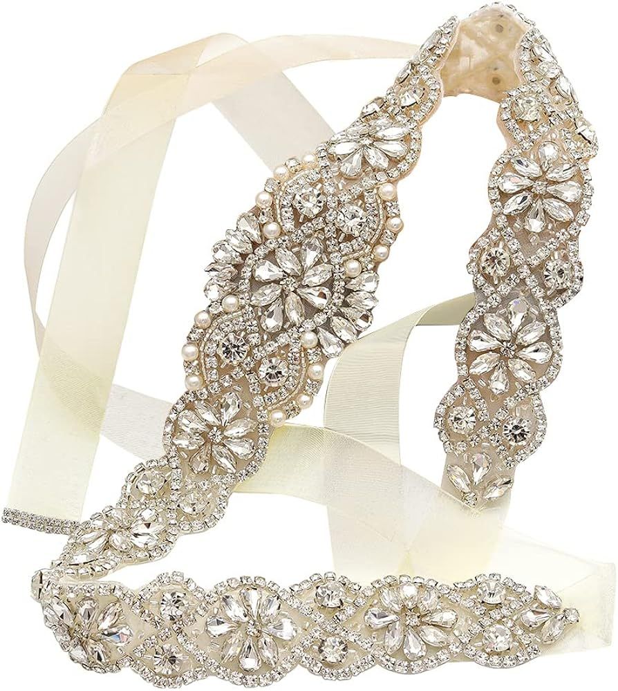 yanstar Bridal Belt Hand Rhinestone Wedding Belt Clear Crystal 22In Length with White Organza Rib... | Amazon (US)