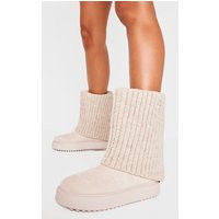 Beige Knit Fold Over Chunky Sole Boots | PrettyLittleThing US