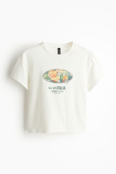 Printed T-shirt - Round Neck - Short sleeve - Cream/oranges - Ladies | H&M US | H&M (US + CA)