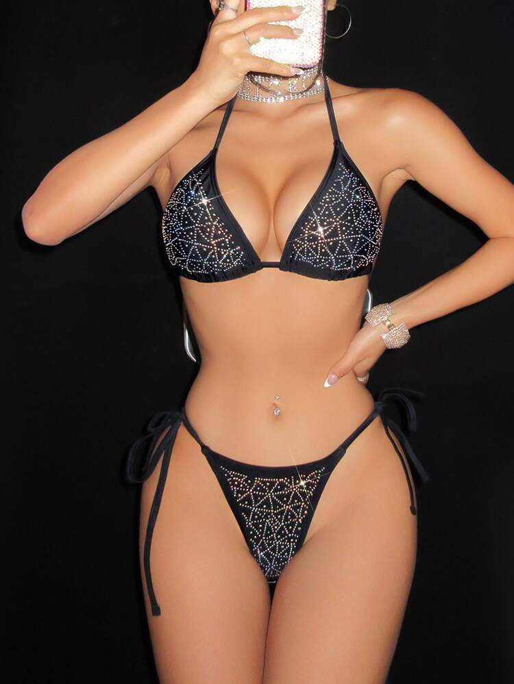 Rhinestone Studded Halter Triangle Bikini Swimsuit | SHEIN