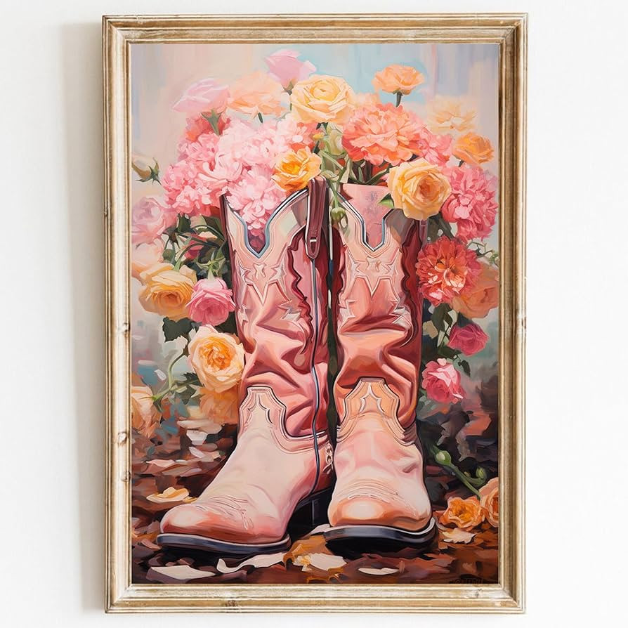 Cowgirl Canvas Wall Art Cowboy Boots Poster Colorful Flowers Poster Pink Western Pictures Vintage... | Amazon (US)