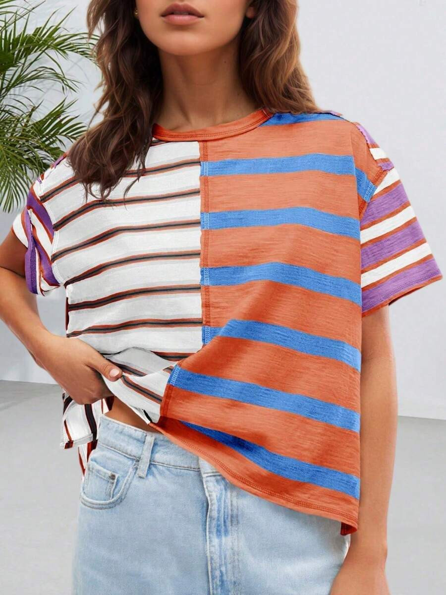 Womens Summer Striped Shirts Casual Color Block Short Sleeve Tops Loose Fit Crew Neck Tees | SHEI... | SHEIN
