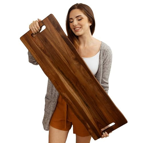 Large Acacia Serving Board with Handles, 36 x 12 Inch Rectangular Charcuterie Platter, Natural Wood Server for Meat, Cheese Board, and Party Appetizers, Extra Long 3ft | Amazon (US)