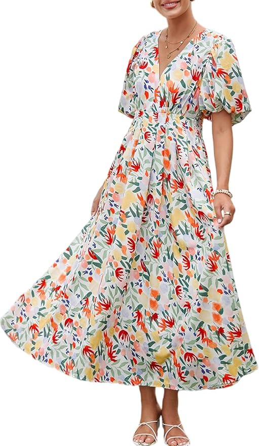 Women's Boho Floral Print Midi Dress Short Sleeve Summer Long Dress | Amazon (US)