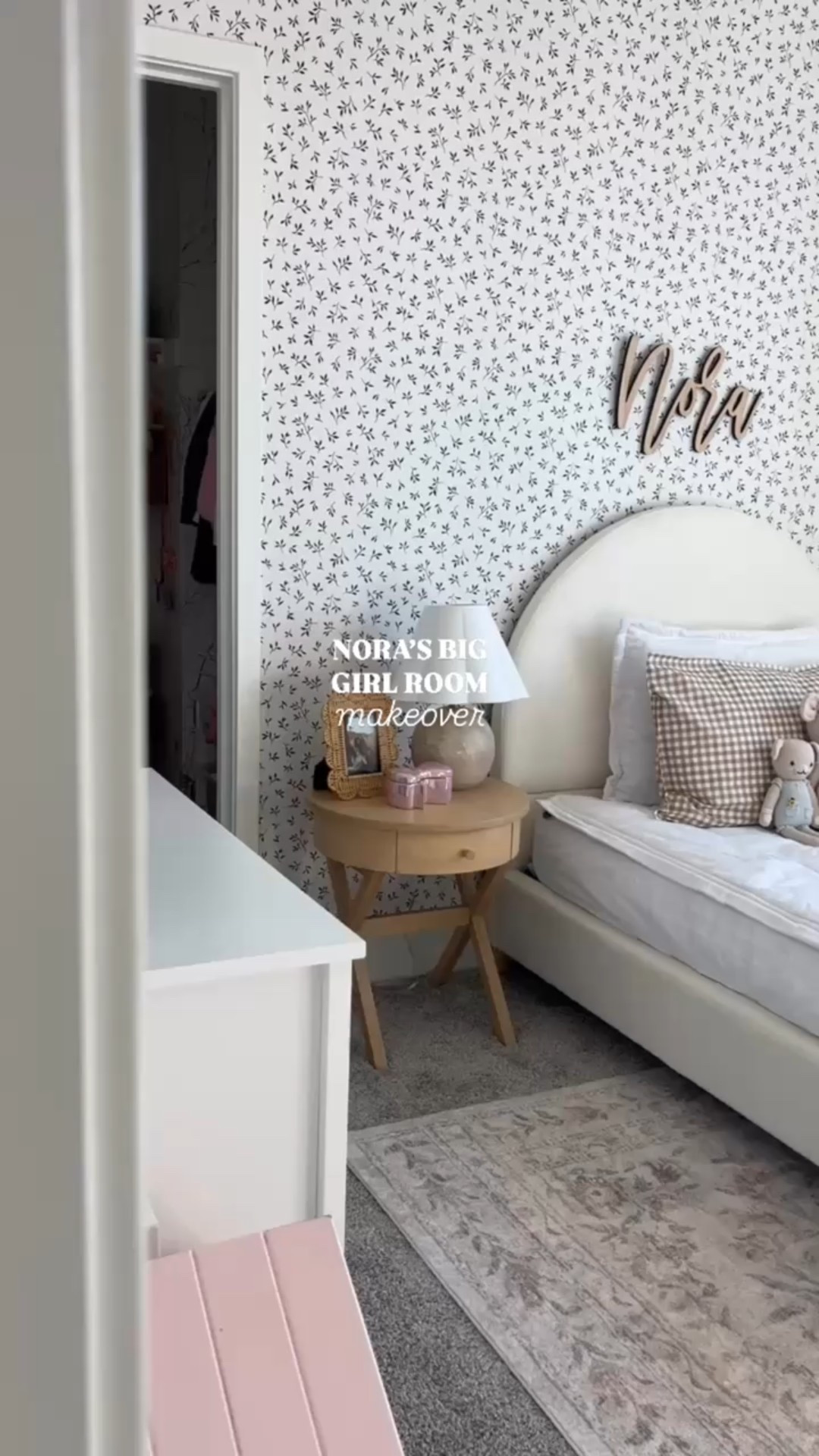 Nora’s big girl room! 🤍

Other items in her room that I’m unable to link through LTK:
- wallpaper from @wall.blush 
- desk, chair and dresser from @ikeausa 
- bulletin board, desk lamp, rattan vanity from @homegoods 
- wall chalkboard and signs from @cherrypick 
- 4’ floor length mirror from @hobbylobby 
- scalloped baskets from @zarahome

#LTKHome #LTKKids