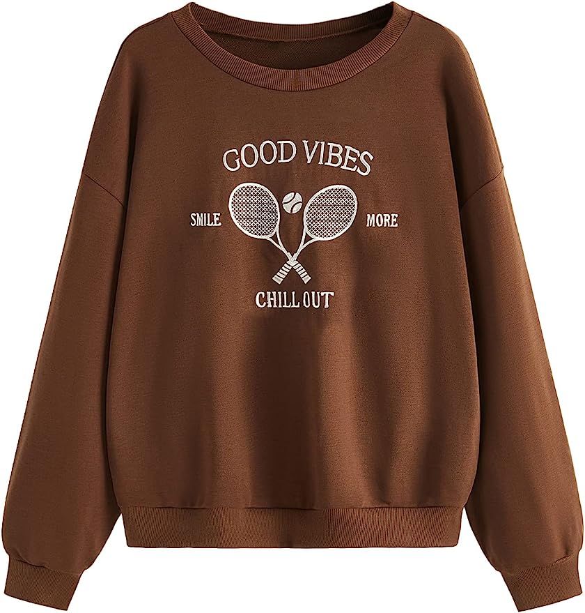 SweatyRocks Women's Casual Sweatshirt Long Sleeve Graphic Print Pullover Tops Coffee Brown S at A... | Amazon (US)