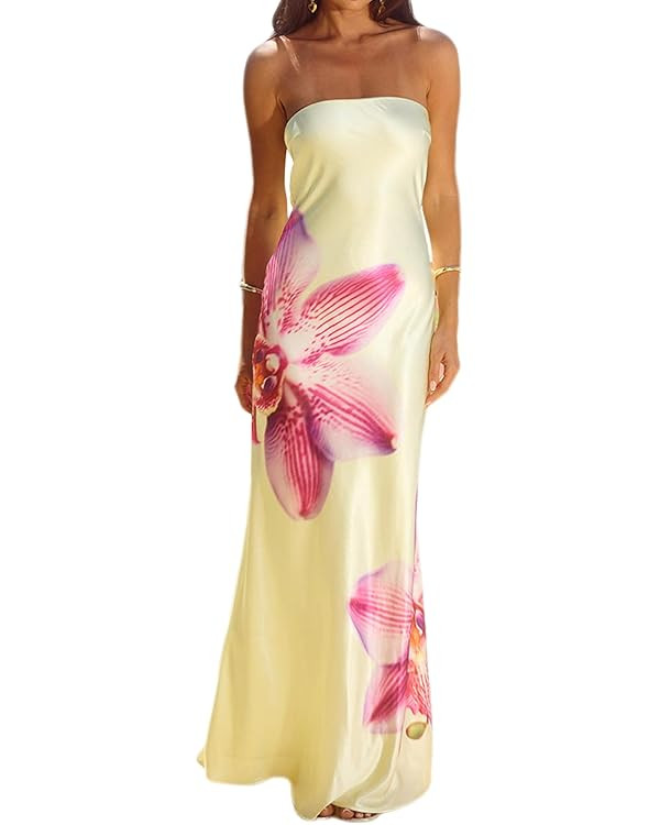 Women Strapless Floral Maxi Dress Y2K Flower Off Shoulder Bodycon Long Dress Cute Backless Summer... | Amazon (US)