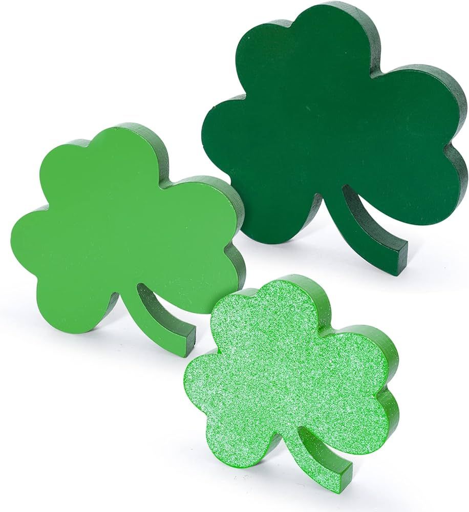 Whaline 3Pcs St. Patrick's Day Wooden Signs Glitter Green Shamrock Table Ornaments Lucky Clover Tabl | Amazon (US)