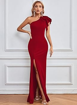 SouqFone Women One Shoulder Long Formal Prom Dress Sleeveless Ruffle Bodycon Cocktail Evening Wed... | Amazon (US)