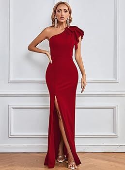 SouqFone Women One Shoulder Long Formal Prom Dress Sleeveless Ruffle Bodycon Cocktail Evening Wed... | Amazon (US)