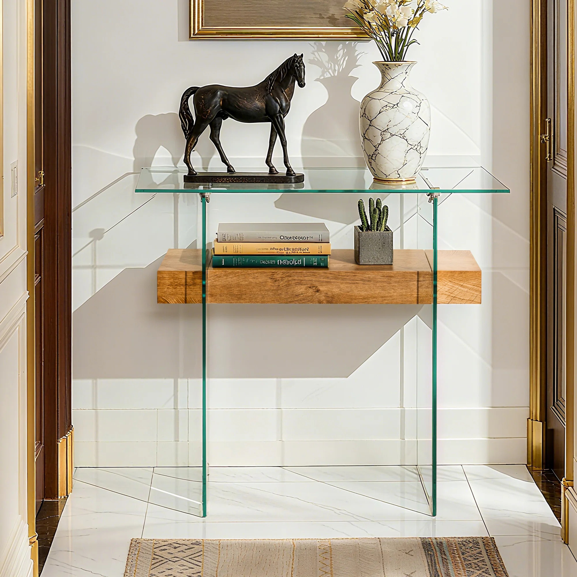 31.5'' Narrow Glass Console Table with Storage, Small Entryway Table with Natural Wood Shelves | Wayfair North America