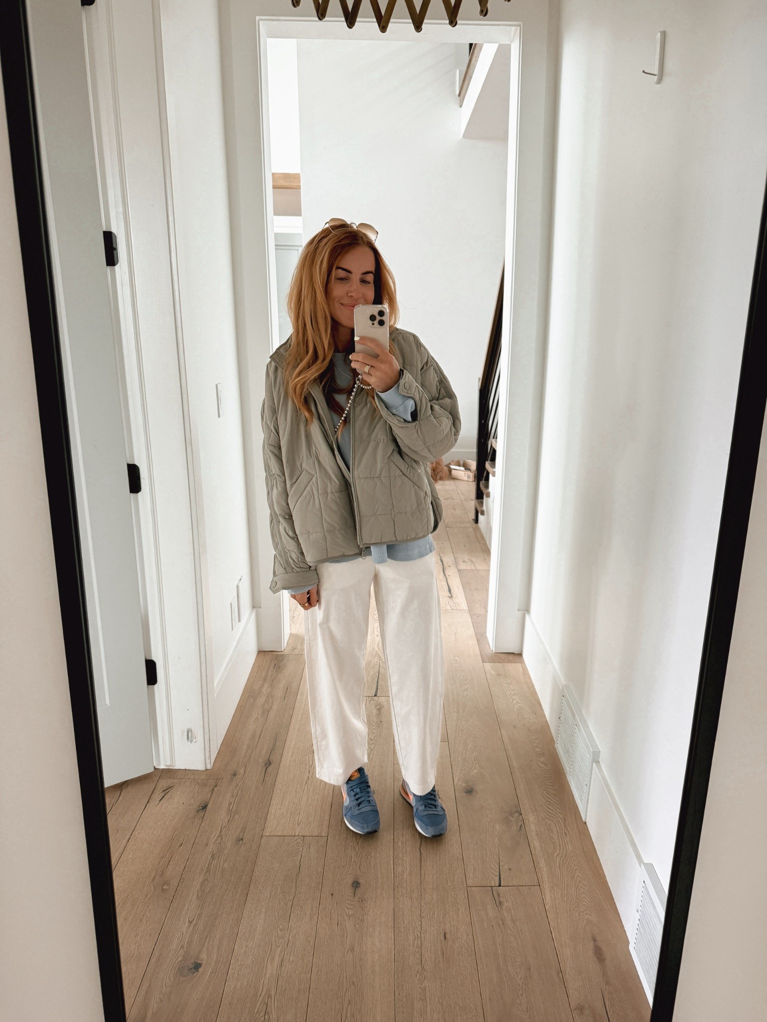 My long sleeve underneath is from Daily Drills, super comfortable. I’m wearing the XS/S.

Jacket is from Free People, I own a few of them and LOVE this color way. Super warm + they fold down to nothing, so their perfect for travel/ to keep in your car on the unexpected cold spring days. I’m in the small!

Pants are from Everlane and are soooo good. I’m in the XXS, but could have gone with the XS. I’m typically a small do definitely recommend sizing down!