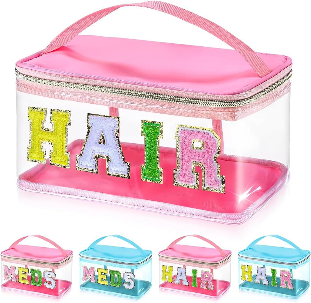 libfrnt Chenille Letter Clear Makeup Bags, Preppy Patch Makeup Bag Hair Portable Transparent Trav... | Amazon (US)